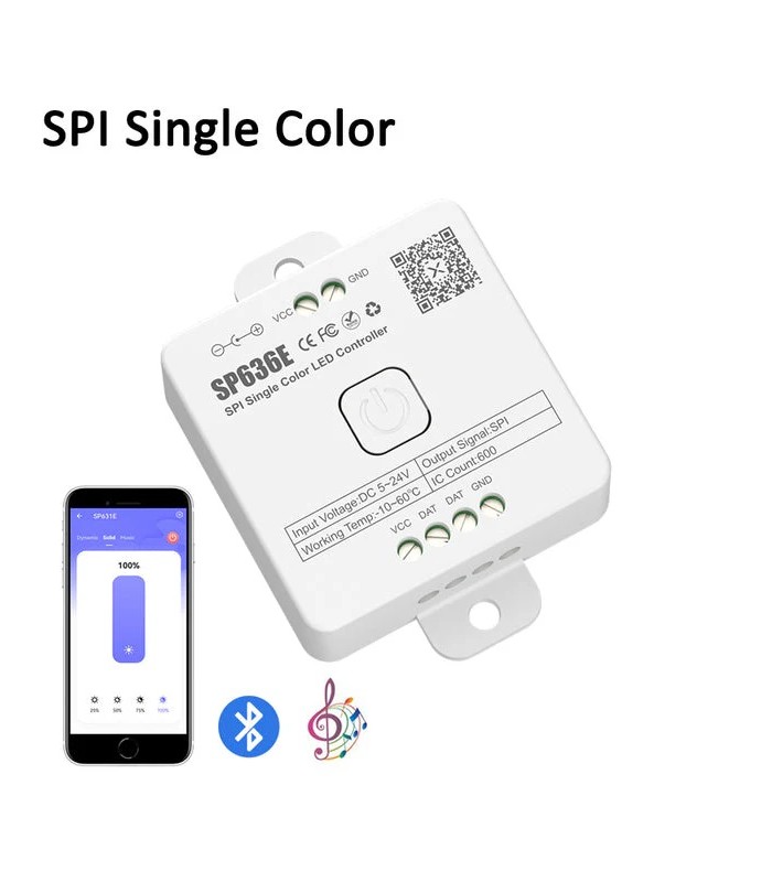 Controlador SP636E  Bluetooth RF para tira LED SPI Monocolor 5-24V 12A con APP