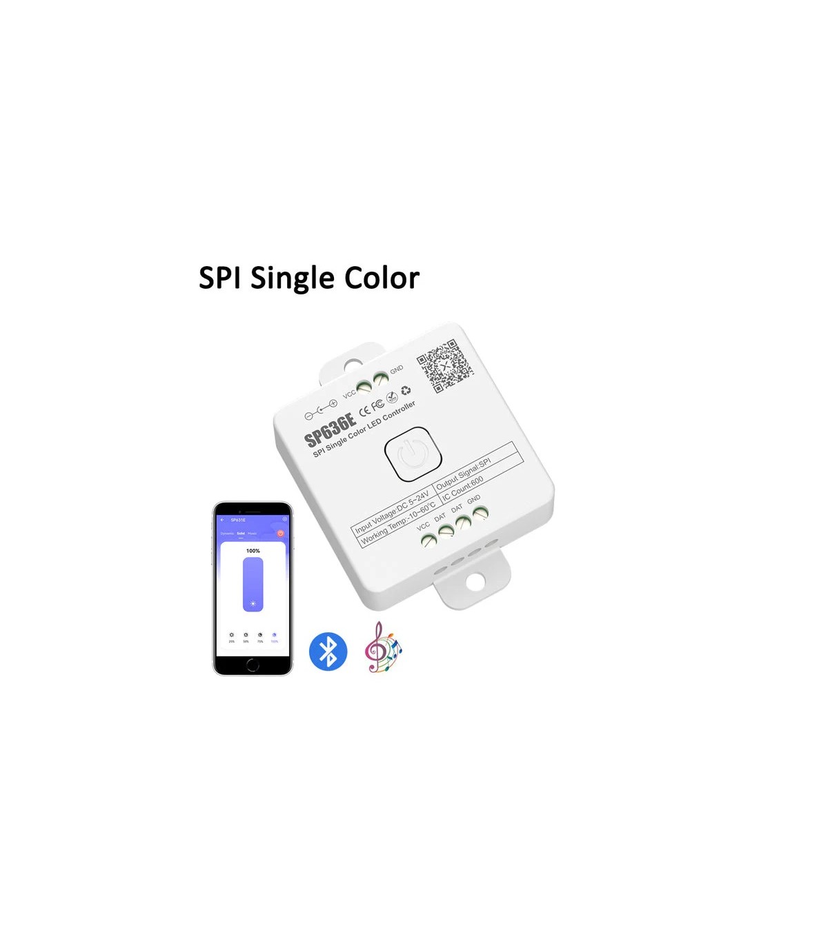 Controlador SP636E  Bluetooth RF para tira LED SPI Monocolor 5-24V 12A con APP