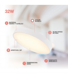Plafón Led KATAJA Blanco Ø40CM 32W 3564LM 120º IP20