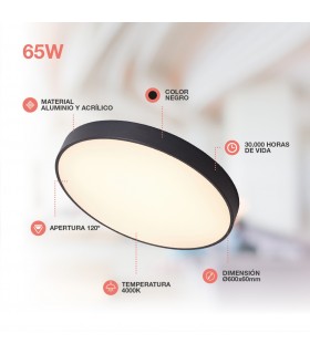 Plafón Led KATAJA Negro Ø60CM 65W 7344LM 120º IP20