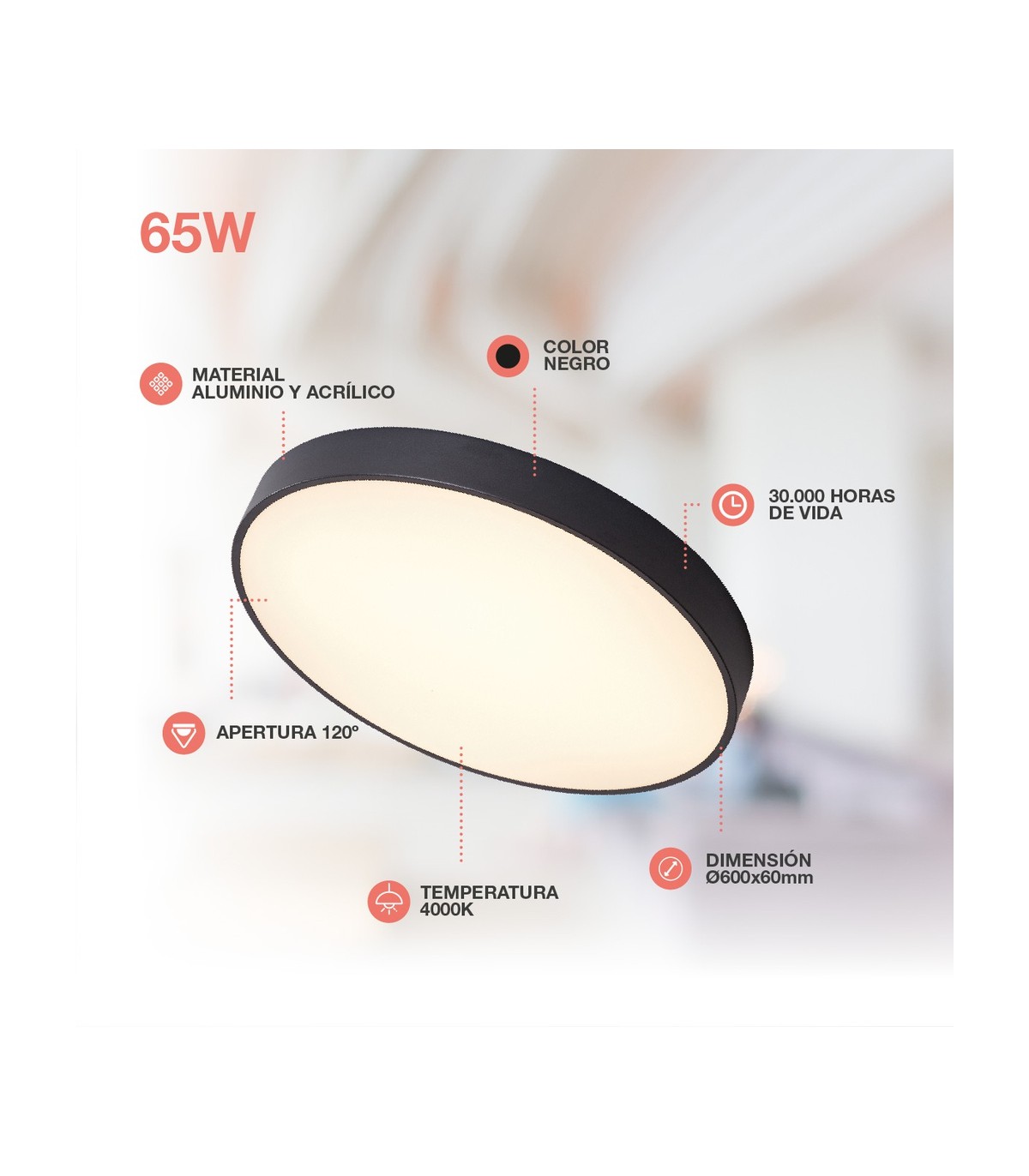 Plafón Led KATAJA Negro Ø60CM 65W 7344LM 120º IP20