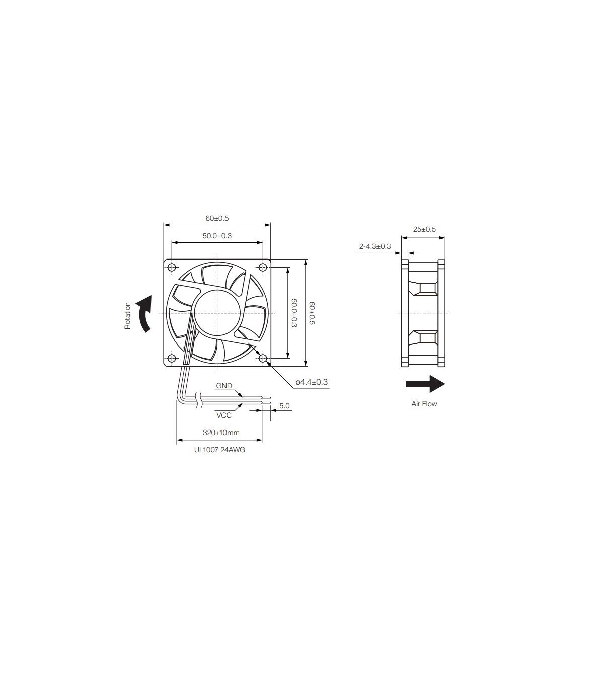 Ventilador 12Vcc 60X60X25mm Cojinete 2 Hilos