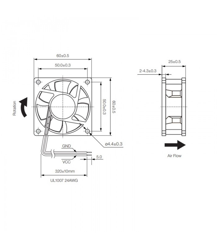 Ventilador 12Vcc 60X60X25mm Rodamiento 2 Hilos