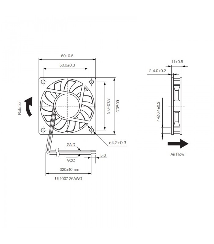 Ventilador 12Vcc 60X60X10mm Cojinete 2 Hilos