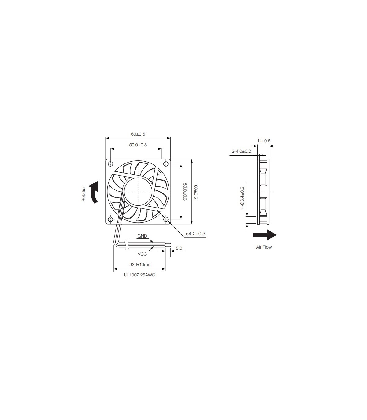 Ventilador 12Vcc 60X60X10mm Cojinete 2 Hilos