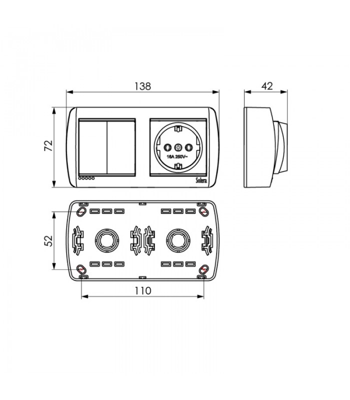 Base fija 2P+T 16A 250V + doble Conmutador / interruptor 10AX 250V De superficie