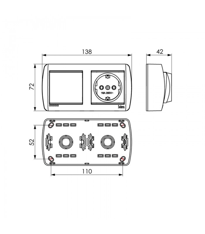 Base fija 2P+T 16A 250V + Conmutador / interruptor 10AX 250V De superficie Negra