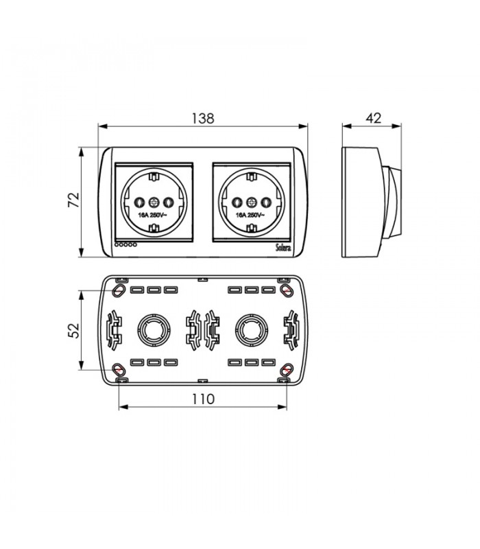 Base fija doble 2P+T 16A 250V De superficie Negra
