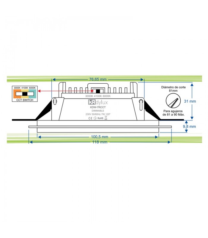Downlight 7W 693LM 120º IP40 CCT Regulable Redondo Blanco