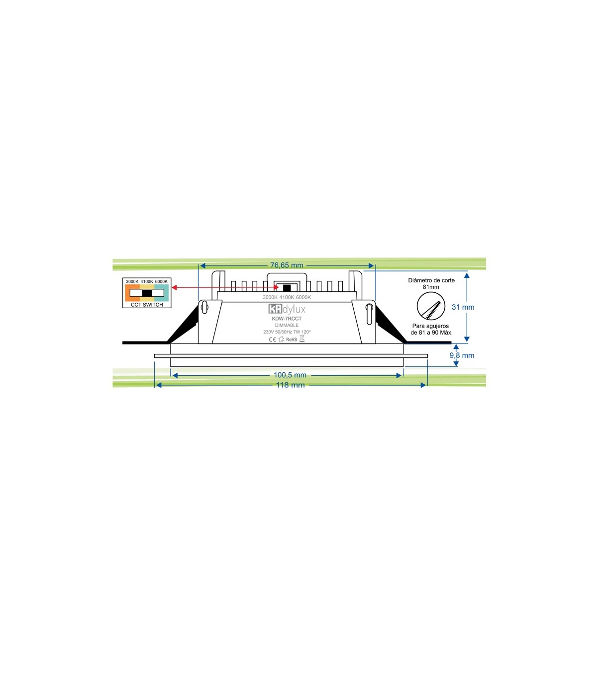 Downlight 7W 693LM 120º IP40 CCT Regulable Redondo Blanco