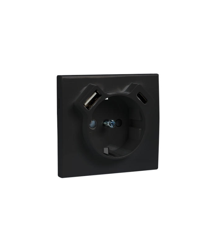 Tapa Base Schuko + USB Tipo A y C Negra Logus 90