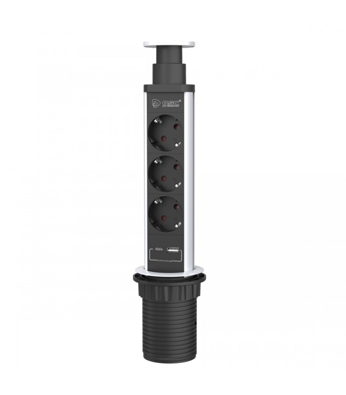 Torre Retráctil 3 Tomas Schuko + USB + USB-C  2.4A 1.4m