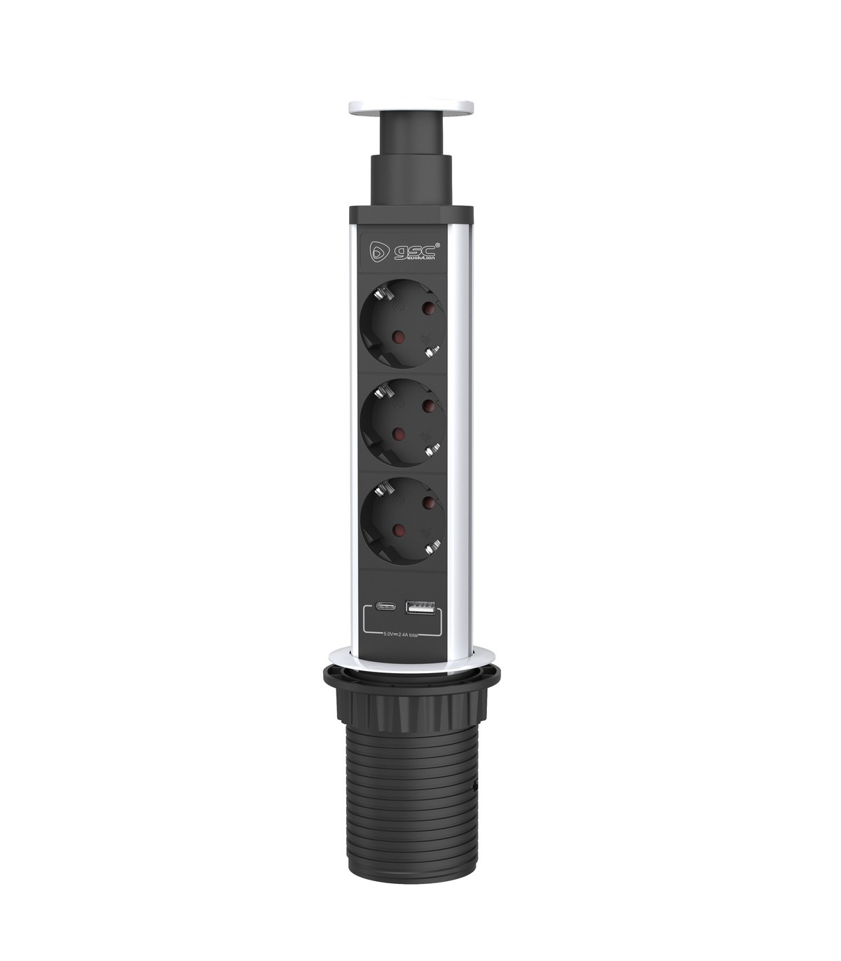 Torre Retráctil 3 Tomas Schuko + USB + USB-C  2.4A 1.4m