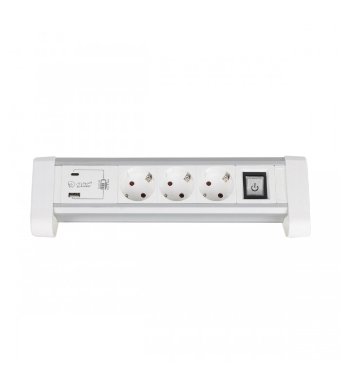 Base múltiple sobremesa 3T + 1 USB + 1 USB-C + Int. (3x1.5mm) 1,4M Blanco