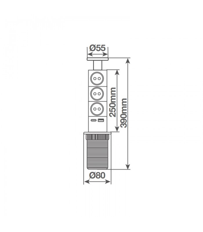 Torre Retráctil 3 Tomas Schuko + USB + USB-C  2.4A 1.4m