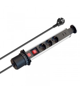 Torre Retráctil 3 Tomas Schuko 2 USB 2.4A 1.5m con interruptor