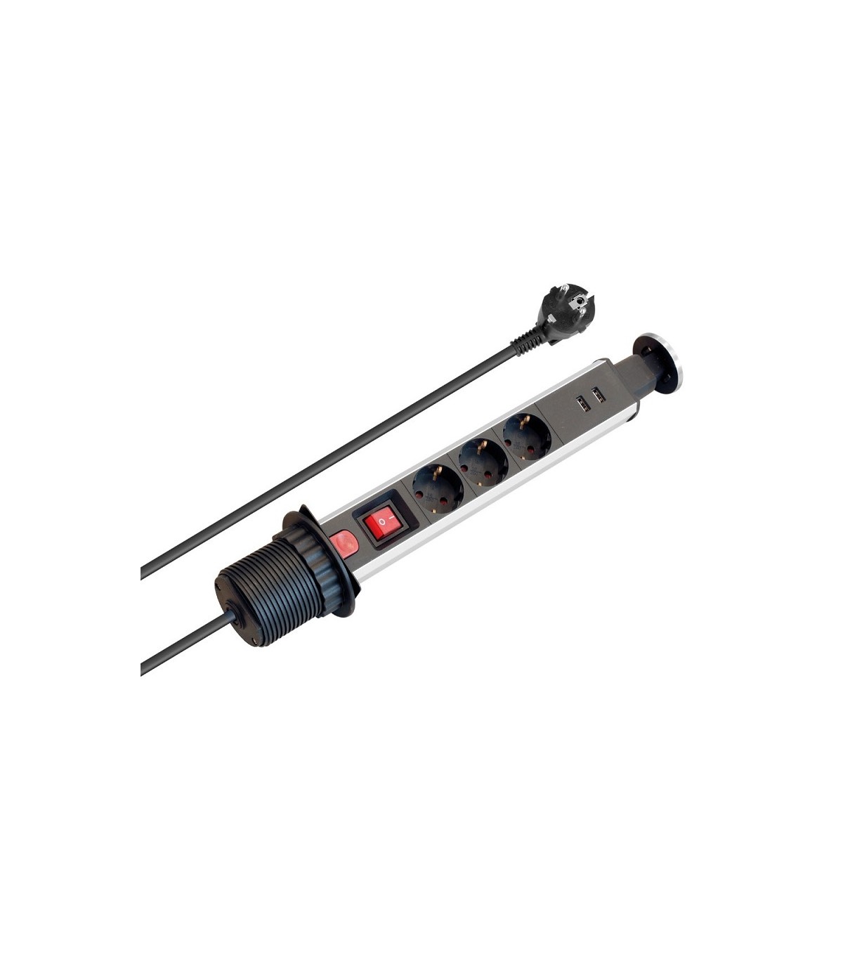 Torre Retráctil 3 Tomas Schuko 2 USB 2.4A 1.5m con interruptor
