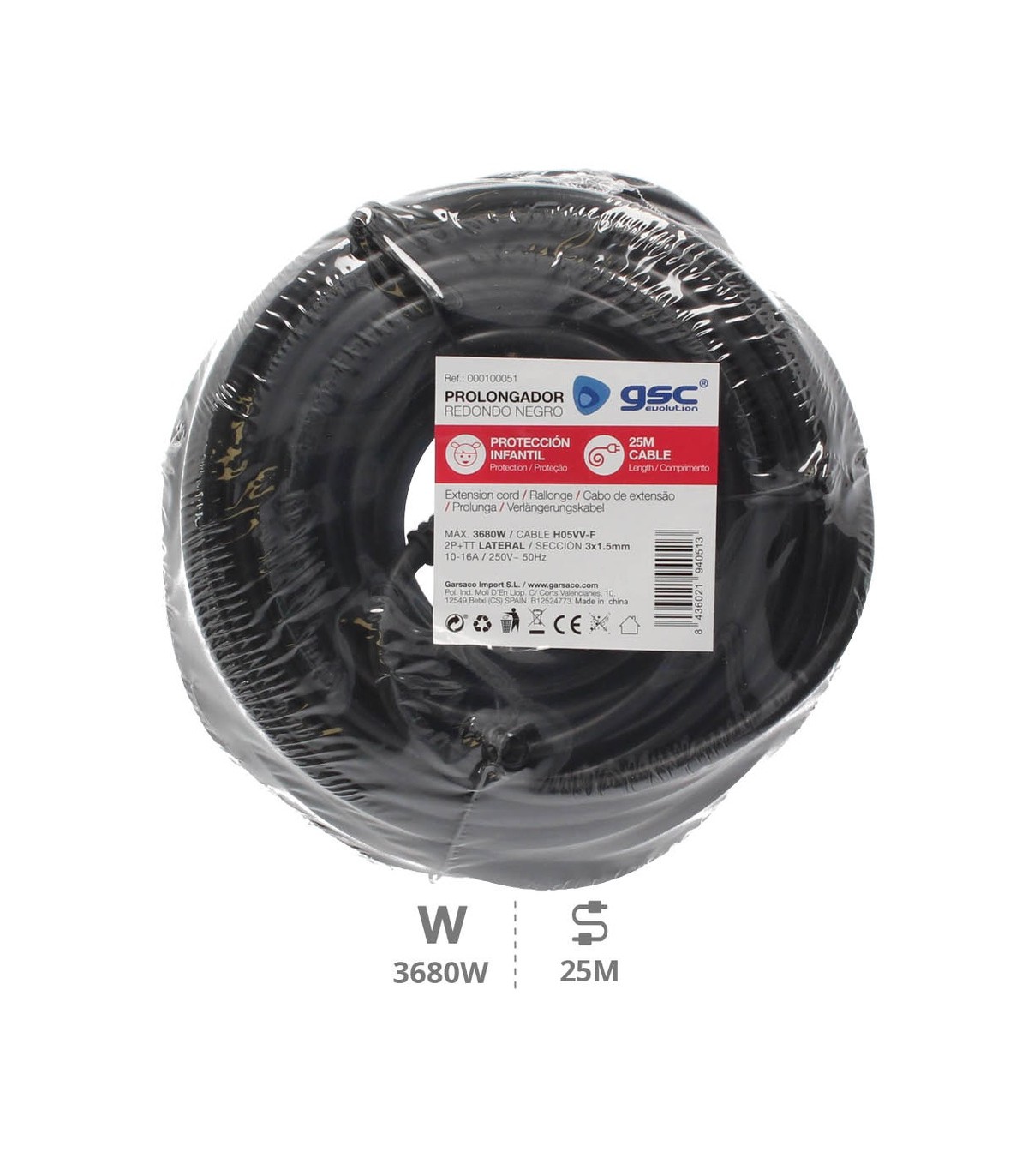 Prolongador Schuko (3x1.5mm) 2P+TT Negro 25 metros