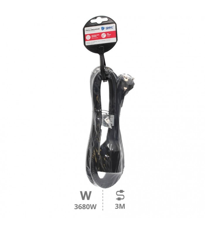 Prolongador Schuko (3x1.5mm) 2P+TT Negro 3 metros