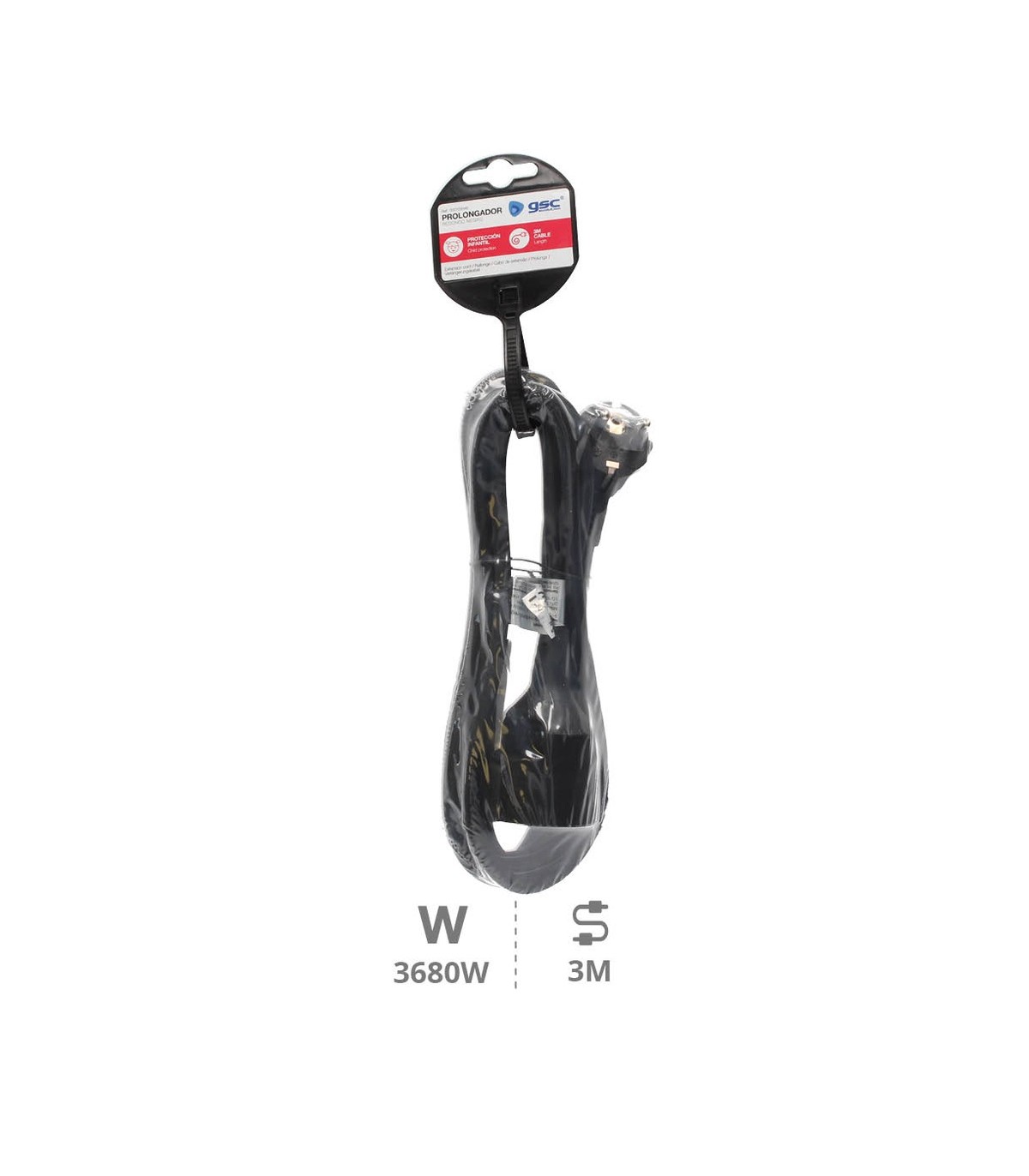 Prolongador Schuko (3x1.5mm) 2P+TT Negro 3 metros