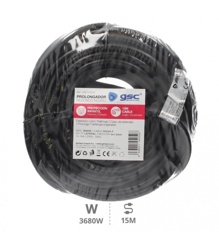 Prolongador Schuko (3x1.5mm) 2P+TT Negro 15 metros