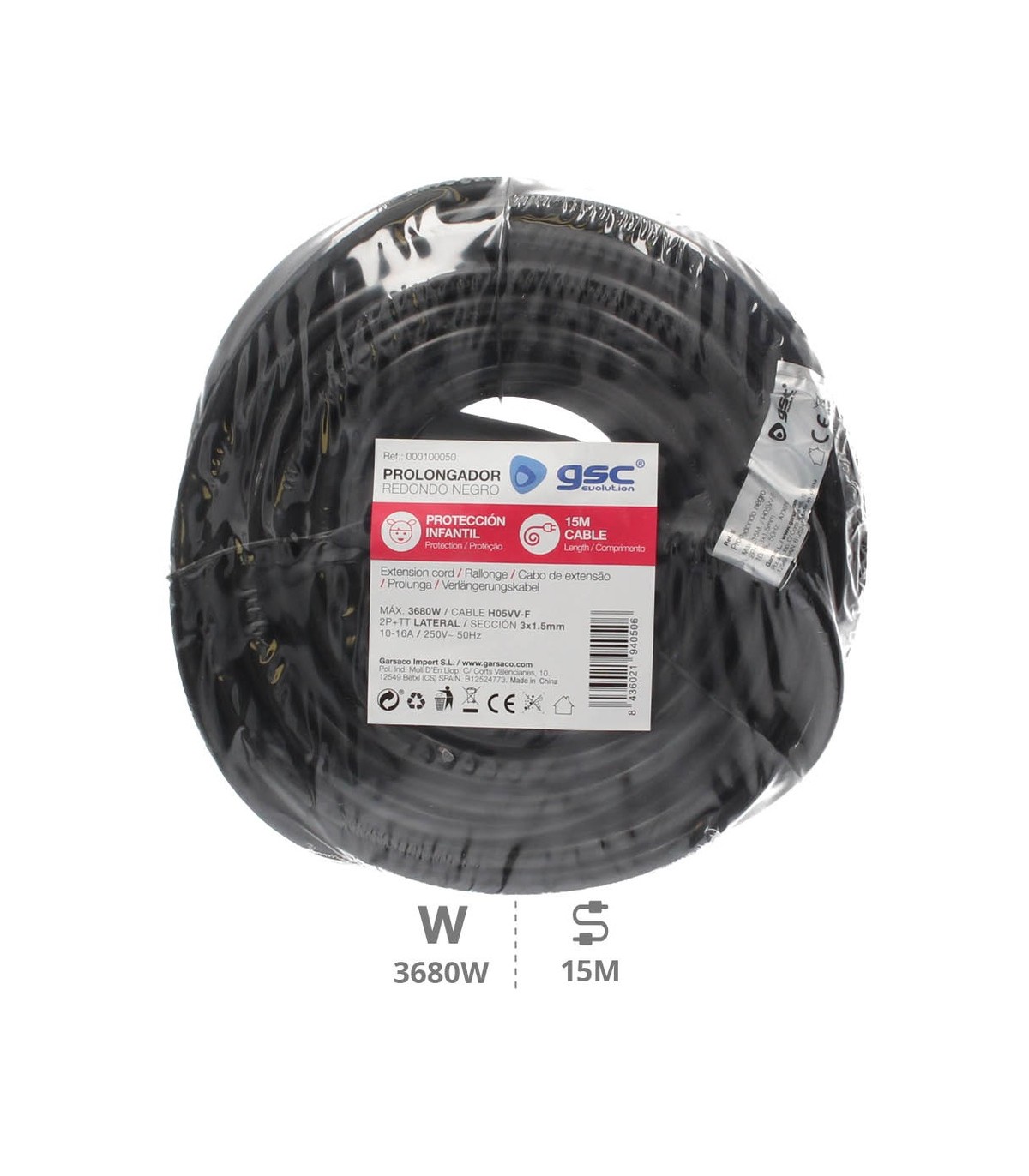 Prolongador Schuko (3x1.5mm) 2P+TT Negro 15 metros