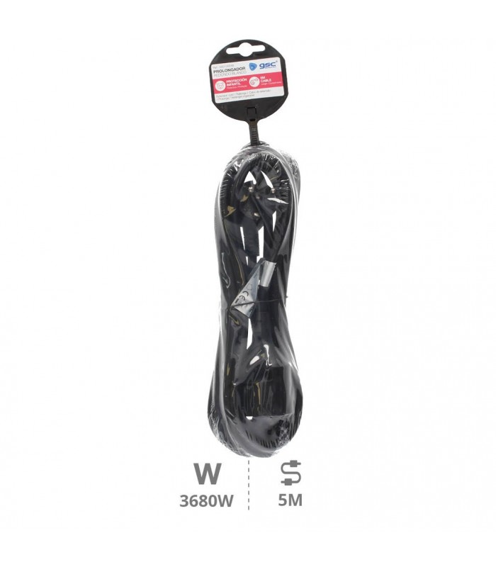 Prolongador Schuko (3x1.5mm) 2P+TT Negro 5 metros