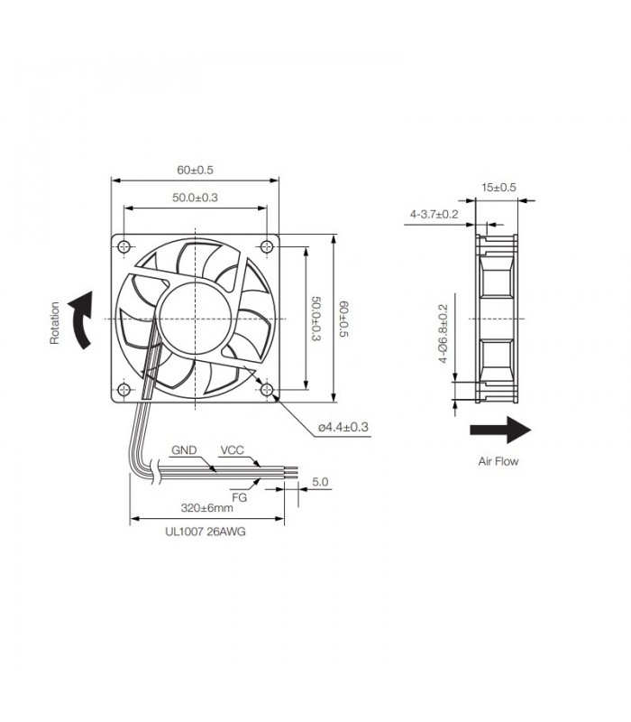Ventilador 12Vcc 60X60X15mm Cojinete 3 Hilos