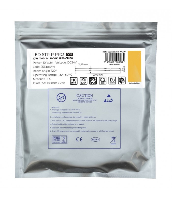 Tira Flexible PRO COB 10W 1100Lm/M 256Led/m IP20 DC24V -5 Metros-