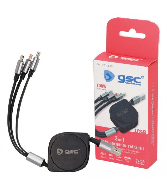 Cable cargador retáctil 3 en 1 (USB Tipo C, conector Lightning y Micro USB Tipo C)