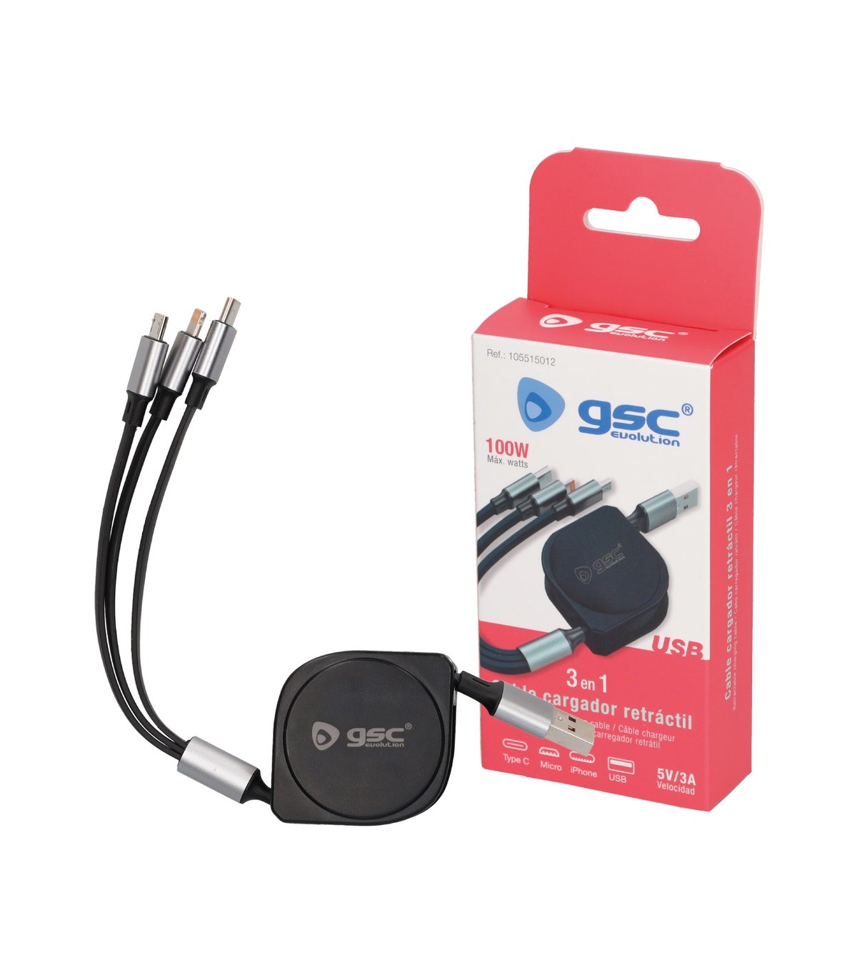 Cable cargador retáctil 3 en 1 (USB Tipo C, conector Lightning y Micro USB Tipo C)