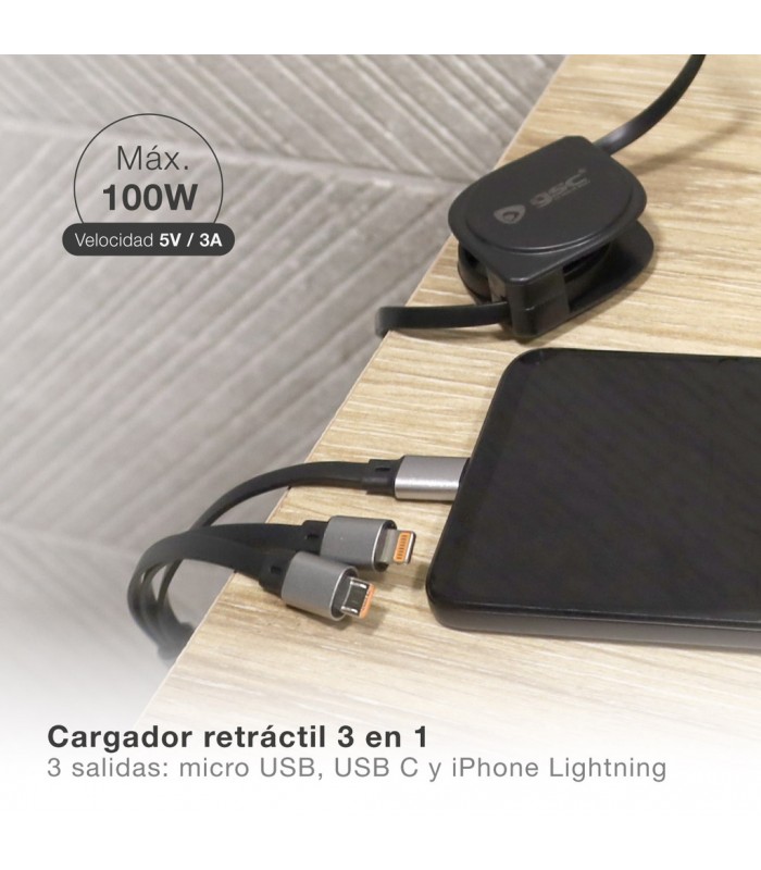 Cable cargador retáctil 3 en 1 (USB Tipo C, conector Lightning y Micro USB Tipo C)