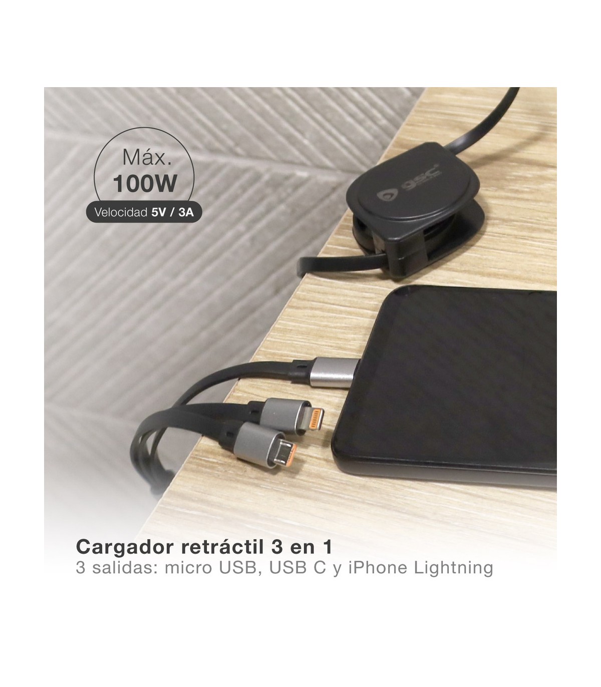 Cable cargador retáctil 3 en 1 (USB Tipo C, conector Lightning y Micro USB Tipo C)
