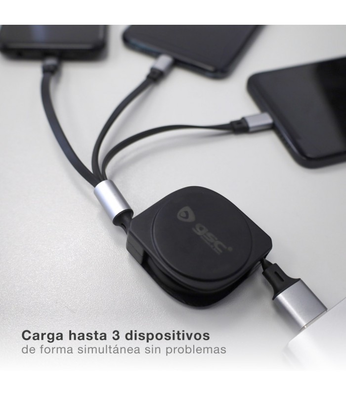 Cable cargador retáctil 3 en 1 (USB Tipo C, conector Lightning y Micro USB Tipo C)