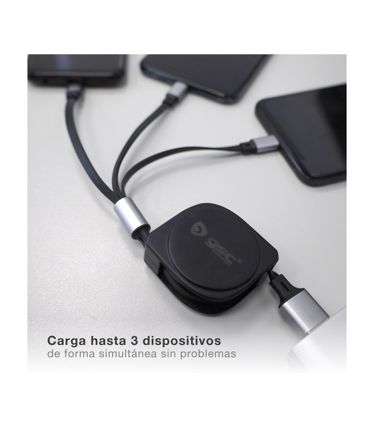 Cable cargador retáctil 3 en 1 (USB Tipo C, conector Lightning y Micro USB Tipo C)