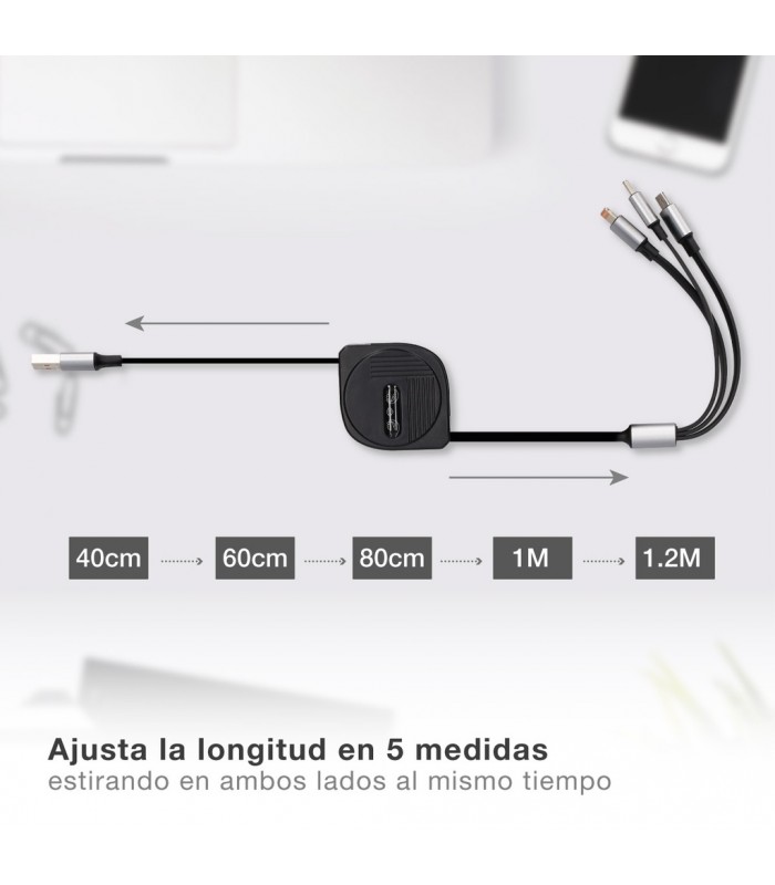 Cable cargador retáctil 3 en 1 (USB Tipo C, conector Lightning y Micro USB Tipo C)