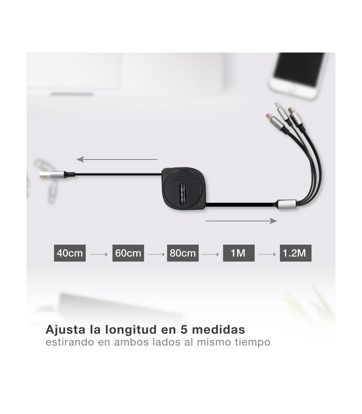 Cable cargador retáctil 3 en 1 (USB Tipo C, conector Lightning y Micro USB Tipo C)