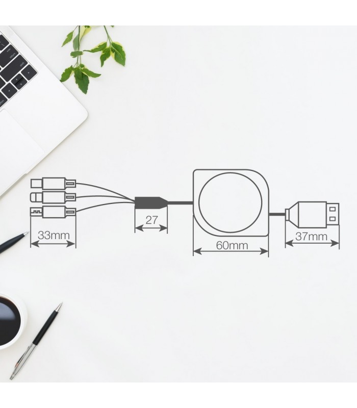Cable cargador retáctil 3 en 1 (USB Tipo C, conector Lightning y Micro USB Tipo C)