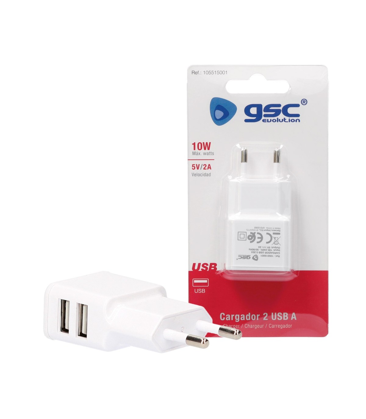 Cargador 230V A 2 USB Tipo A 5V/2A 10W