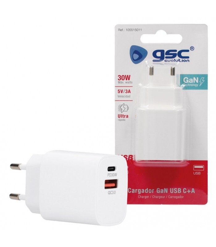 Cargador 230V A GaN USB Tipo C + A 5V/3A 30W