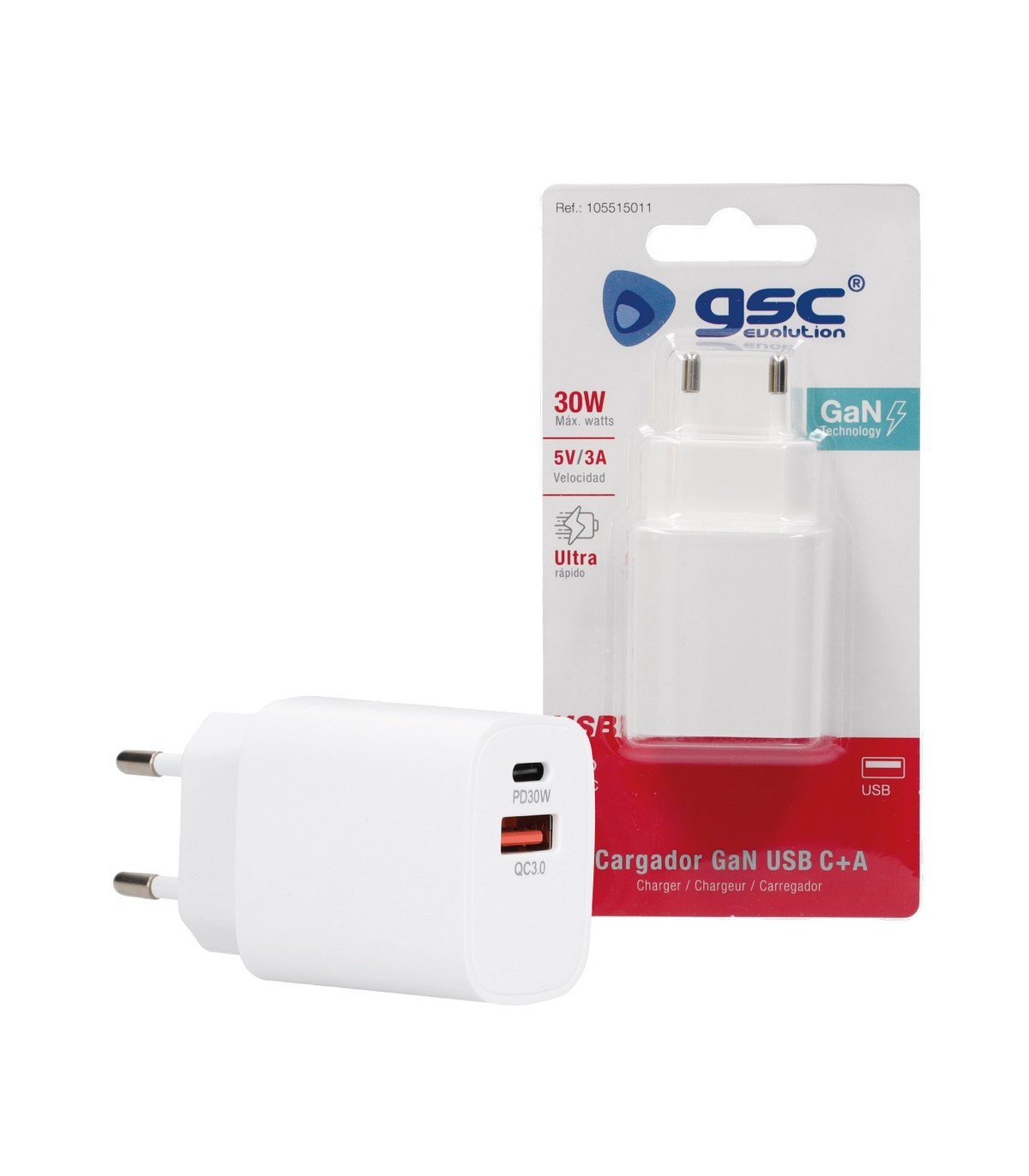 Cargador 230V A GaN USB Tipo C + A 5V/3A 30W