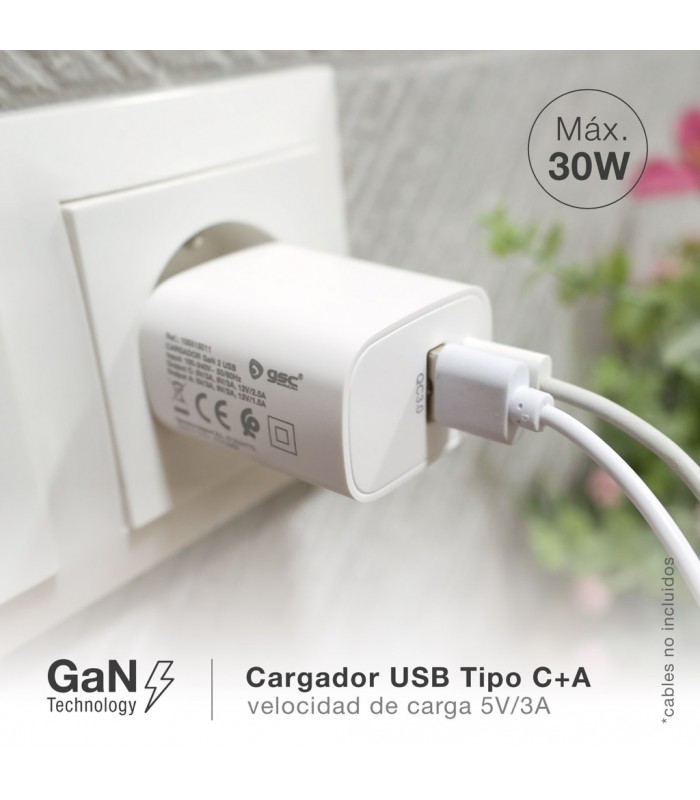 Cargador 230V A GaN USB Tipo C + A 5V/3A 30W