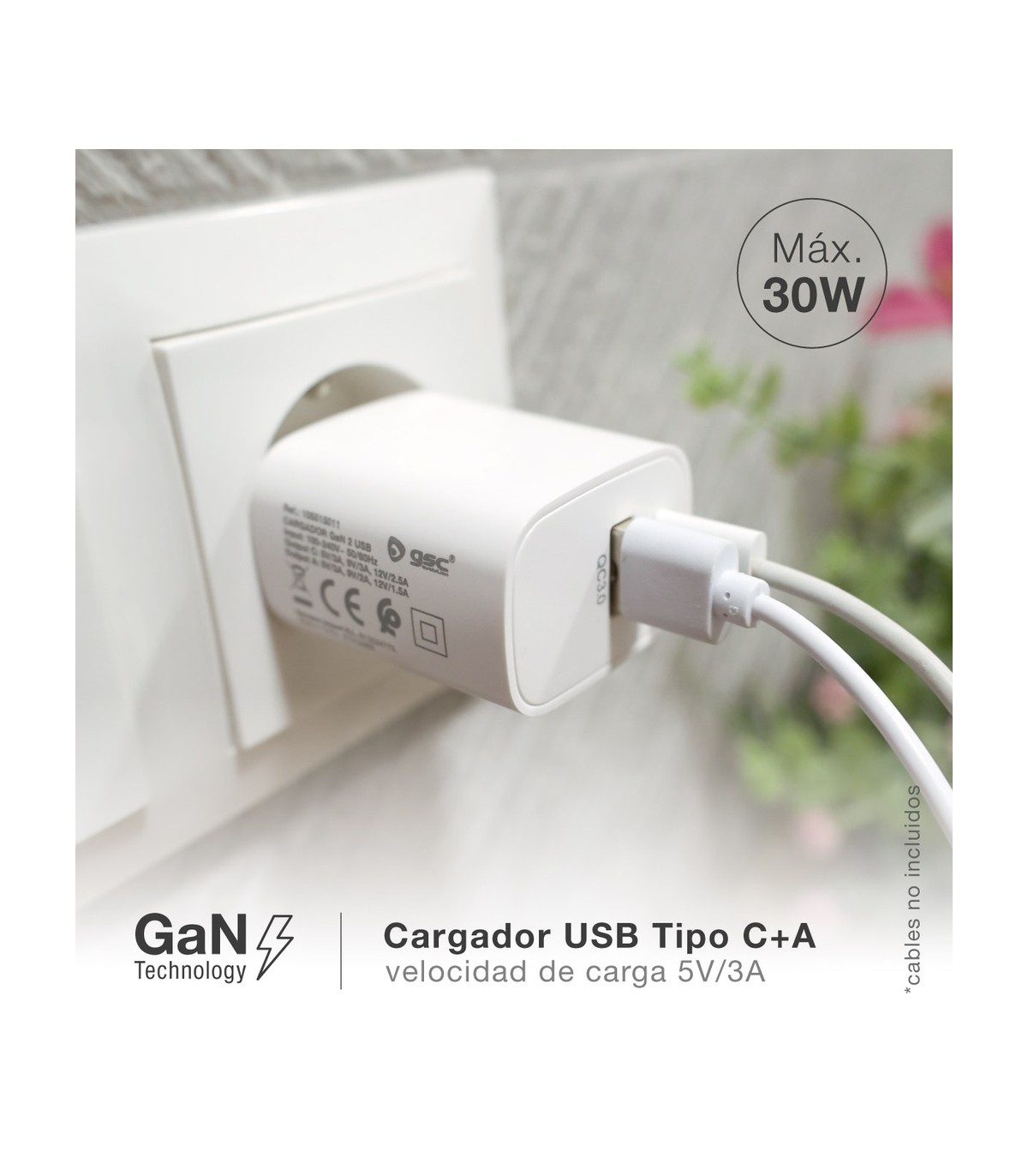 Cargador 230V A GaN USB Tipo C + A 5V/3A 30W