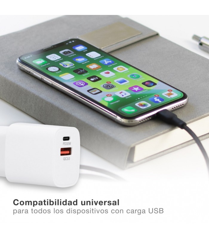 Cargador 230V A GaN USB Tipo C + A 5V/3A 30W