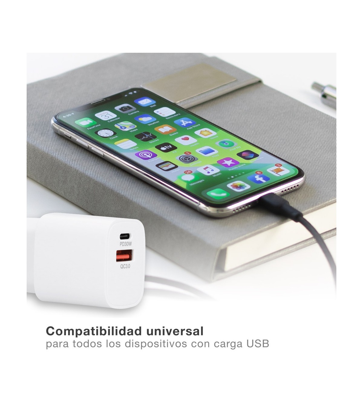 Cargador 230V A GaN USB Tipo C + A 5V/3A 30W