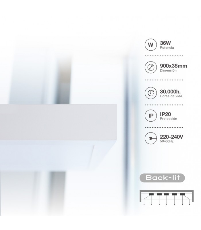 Plafón Superficie 36W 3600Lm 90x30cm Blanco