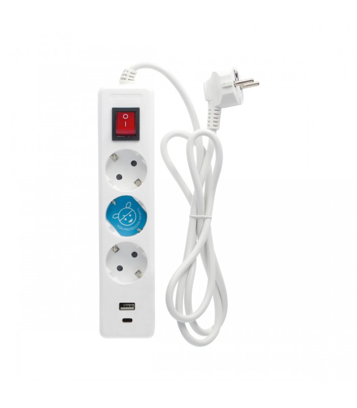 Base Múltiple 3 Tomas + USB-A + USB-C + Interruptor (3x1.5mm) 1.4m