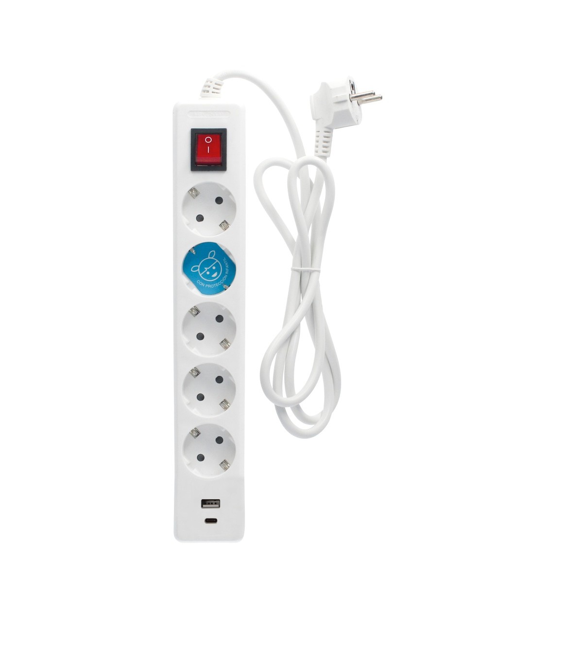 Base Múltiple 5 Tomas + USB-A + USB-C + Interruptor (3x1.5mm) 1.4m