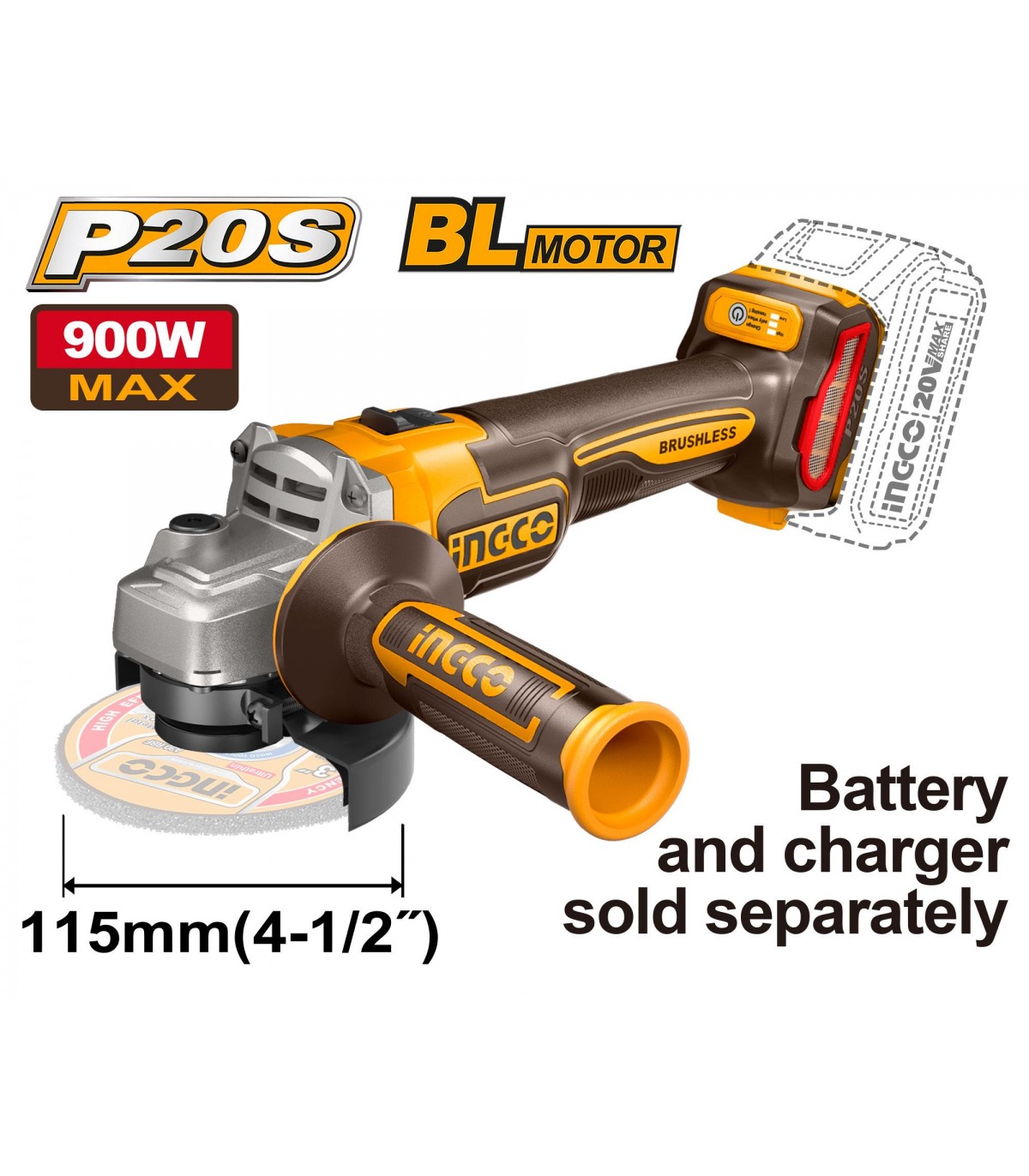 Mini Amoladora Angular LI-ION 20V 900W Ø115mm