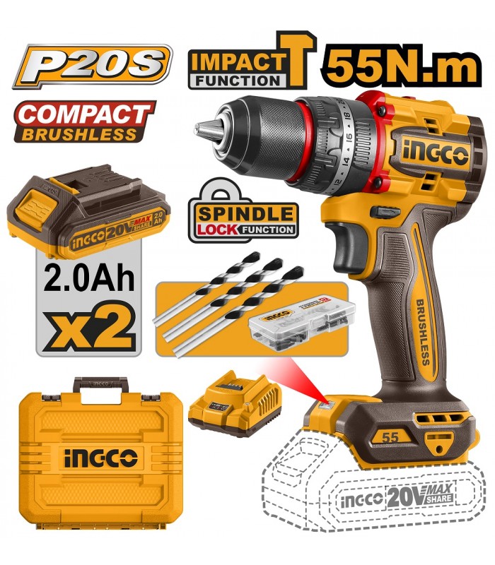 Taladro de Impacto BRUSHLESS Li-ion 20V Cargador + 2 Baterías 2AH